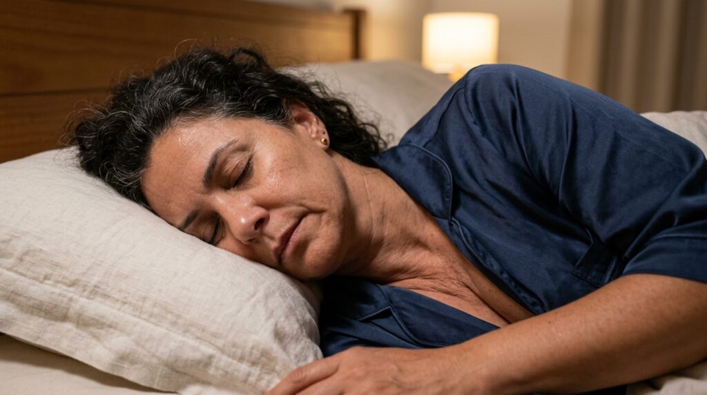 Mulher dorme de lado com a bochecha comprimida contra o travesseiro.