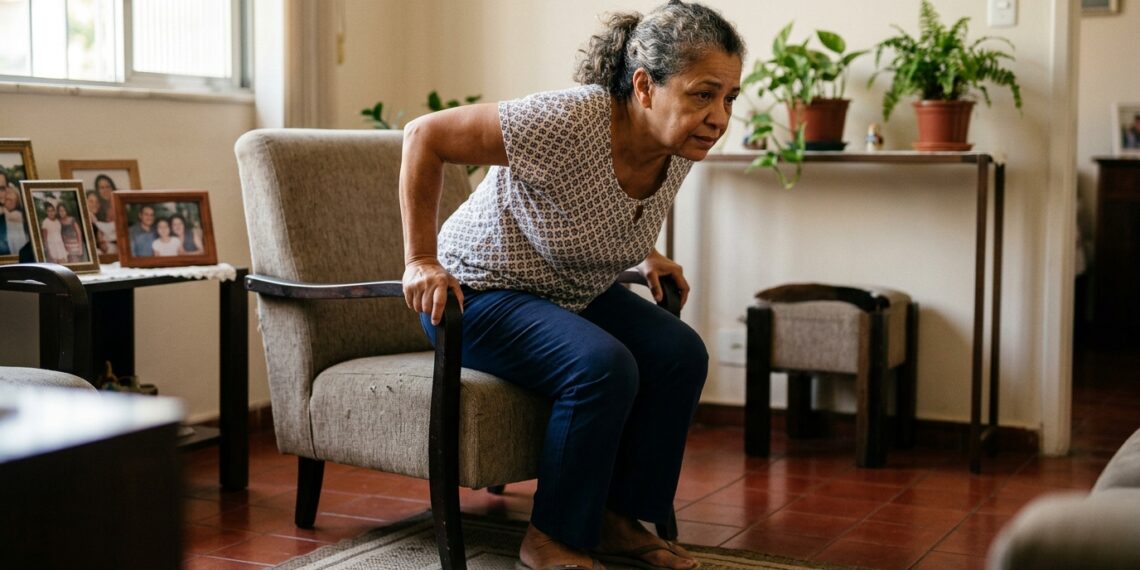 Mulher após os 50 usa os braços para ajudar a levantar da cadeira.