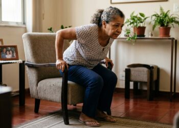 Mulher após os 50 usa os braços para ajudar a levantar da cadeira.