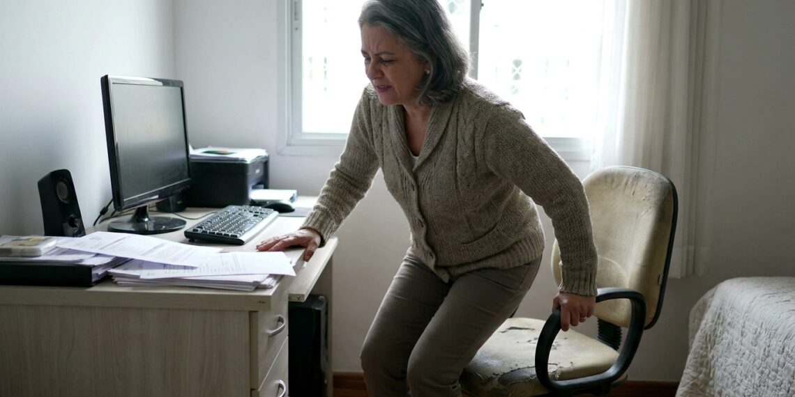 Profissional se levanta após permanecer muito tempo sentada no computador.