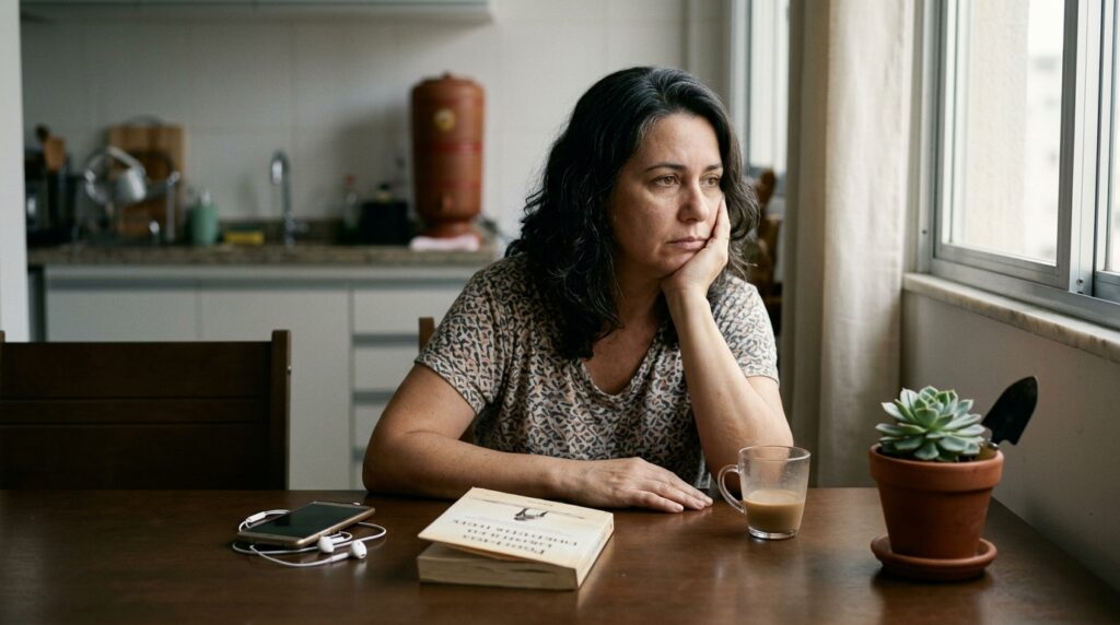 Mulher observa atividades cotidianas sem demonstrar interesse ou prazer.
