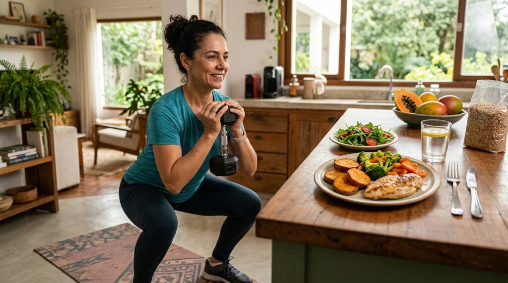 Mulher após os 45 faz exercício de força ao lado de uma refeição equilibrada.