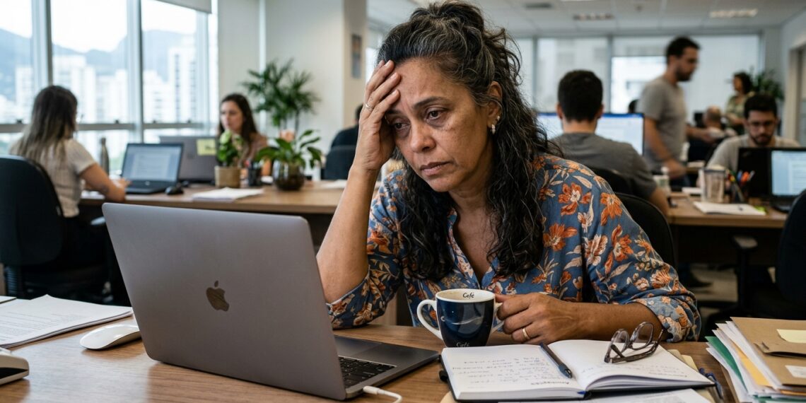 Mulher cansada tenta se concentrar no trabalho depois de uma noite de sono ruim.