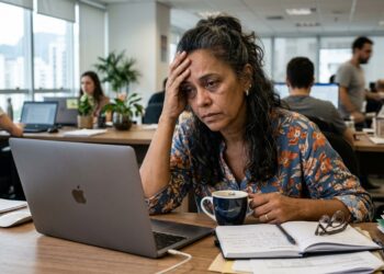 Mulher cansada tenta se concentrar no trabalho depois de uma noite de sono ruim.