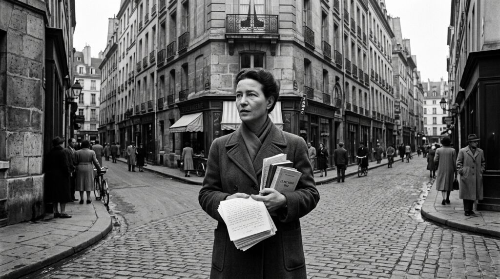 Simone de Beauvoir diante de diferentes caminhos em uma rua de Paris.