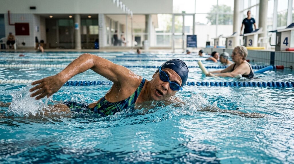 Mulher com mais de 50 anos pratica natação como exercício aeróbio de baixo impacto.