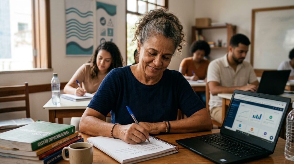Mulher de cerca de 50 anos estuda em uma sala de aula como representação de um novo começo na vida adulta.
