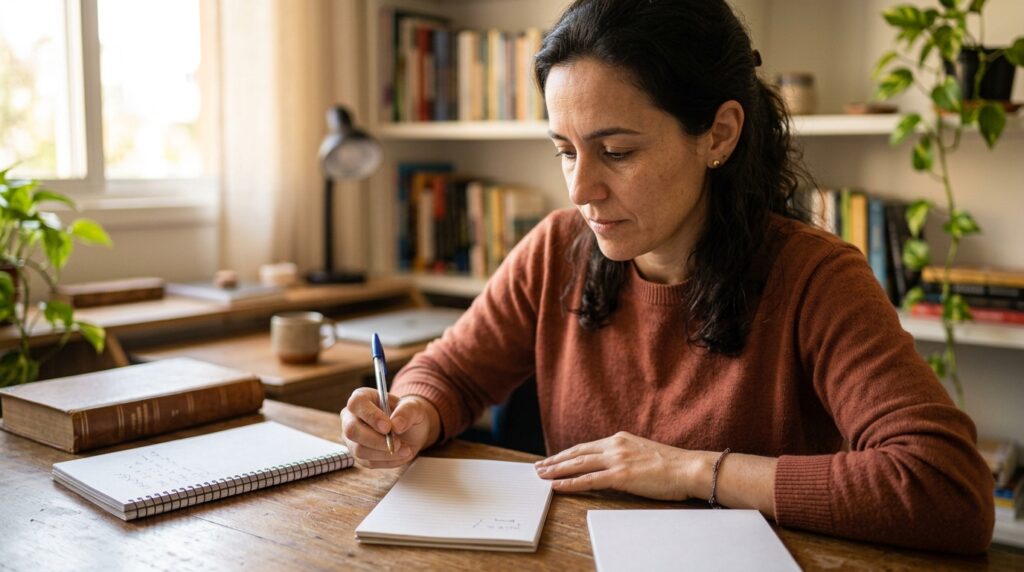 Pessoa relê anotações enquanto tenta recuperar o conteúdo sem consultar o material.