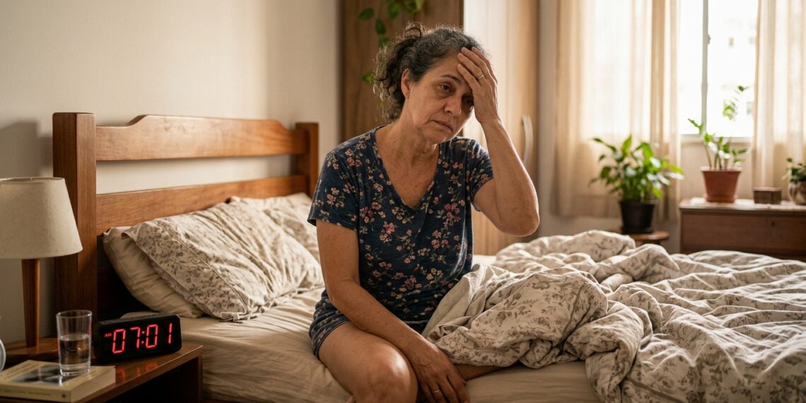 Mulher acorda mentalmente cansada após uma noite inteira na cama.