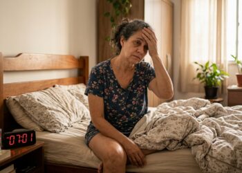 Mulher acorda mentalmente cansada após uma noite inteira na cama.