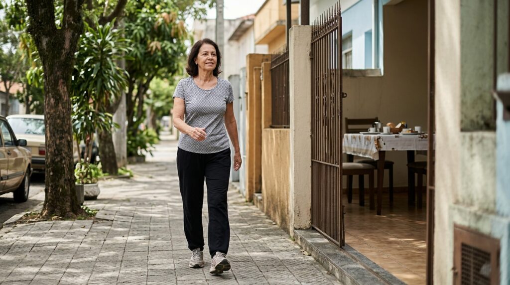 Mulher com mais de 60 anos faz uma caminhada moderada após uma refeição.