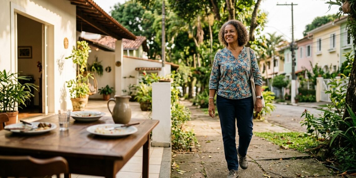 Mulher com mais de 50 anos faz caminhada leve depois do almoço.