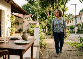 Mulher com mais de 50 anos faz caminhada leve depois do almoço.