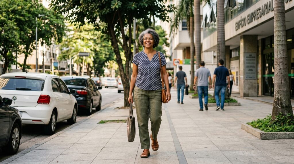 Mulher caminha algumas quadras até o trabalho durante sua rotina.