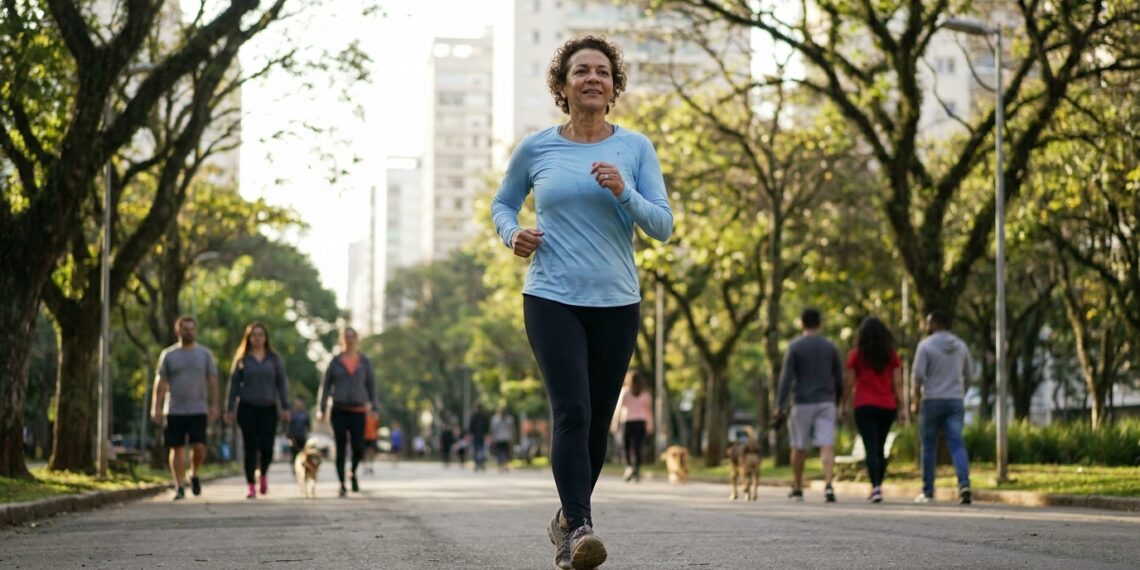 Mulher faz caminhada rápida em parque arborizado ao ar livre.