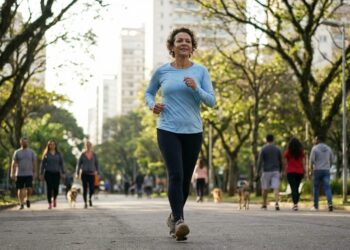 Mulher faz caminhada rápida em parque arborizado ao ar livre.