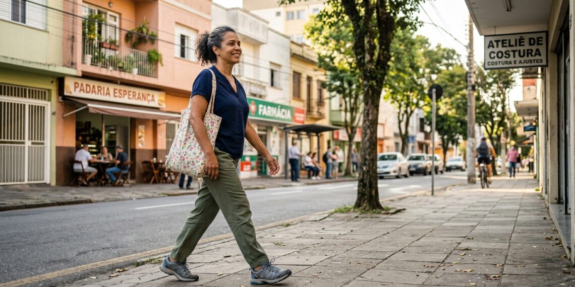 Mulher de 50 anos faz uma caminhada curta durante a rotina diária.