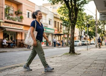 Mulher de 50 anos faz uma caminhada curta durante a rotina diária.