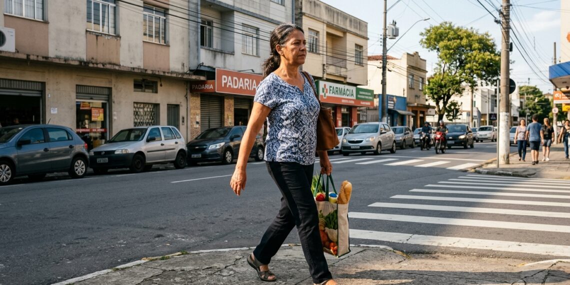 Mulher caminha ao sol durante uma atividade cotidiana na cidade.