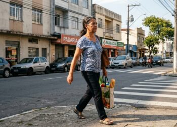 Mulher caminha ao sol durante uma atividade cotidiana na cidade.