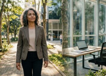 Mulher caminha enquanto reflete sobre novas ideias.