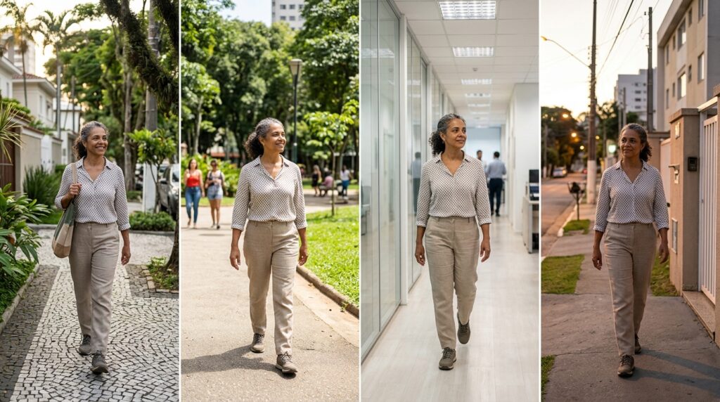 Sequência mostra pequenas caminhadas distribuídas ao longo do dia.