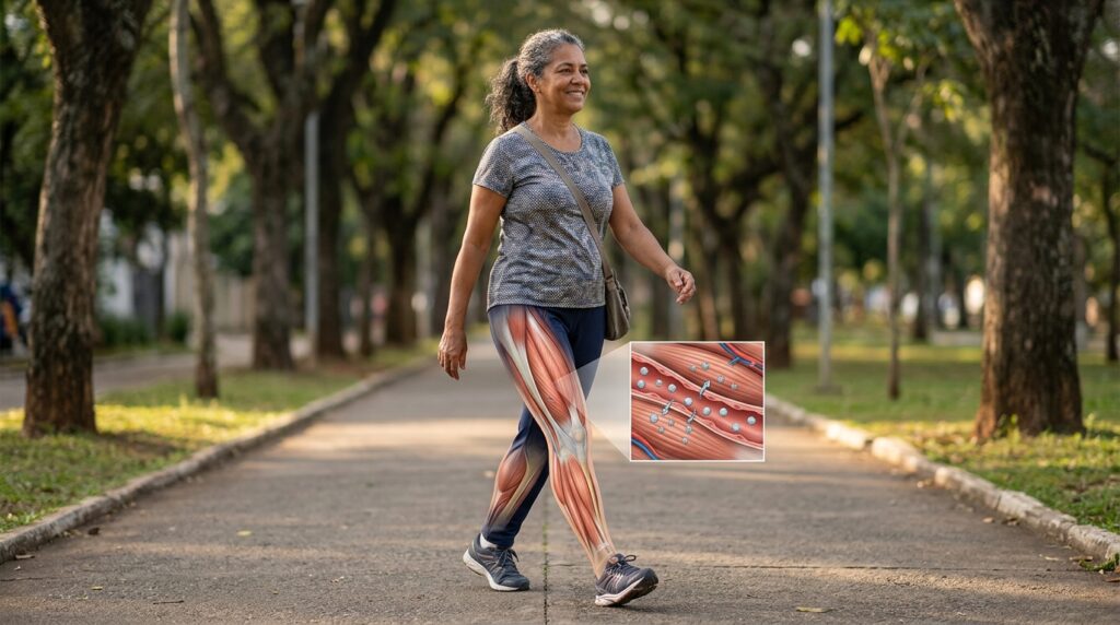 Ilustração mostra músculos das pernas trabalhando durante caminhada após uma refeição.