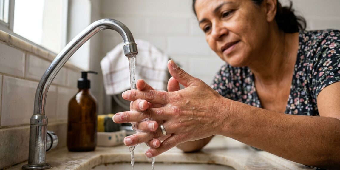 Mãos ásperas e descamando, com cutículas esbranquiçadas, após higienização frequente.
