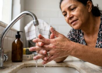 Mãos ásperas e descamando, com cutículas esbranquiçadas, após higienização frequente.