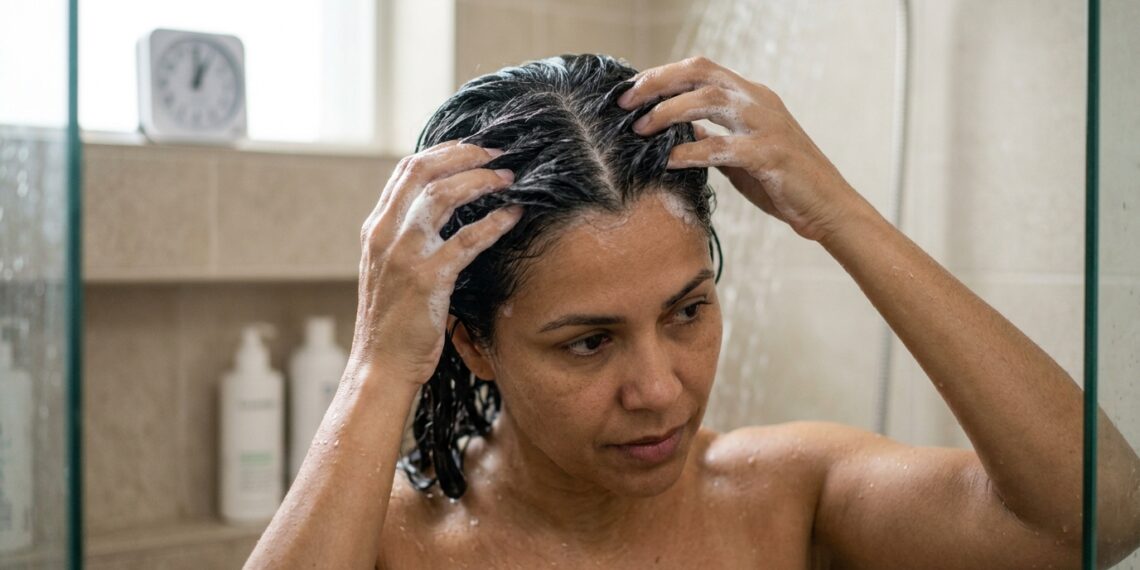 Mulher aplica shampoo anticaspa diretamente no couro cabeludo e mantém a espuma na raiz antes do enxágue.