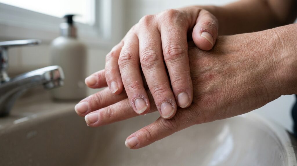 Suas mãos ficam ásperas, descamando e com cutículas esbranquiçadas? A lavagem frequente pode estar danificando a barreira da pele