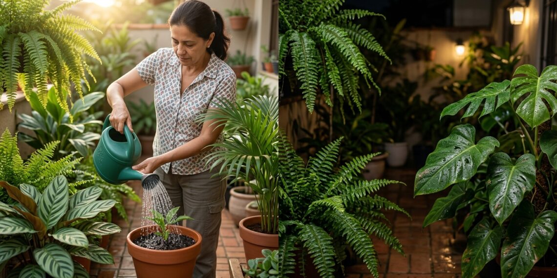 Comparação mostra plantas sendo regadas pela manhã e folhas molhadas durante a noite.