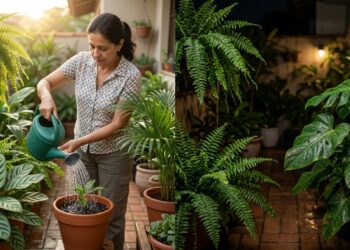 Comparação mostra plantas sendo regadas pela manhã e folhas molhadas durante a noite.