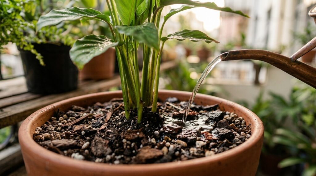 Água de regador umedece o substrato de plantas em vasos pela manhã.