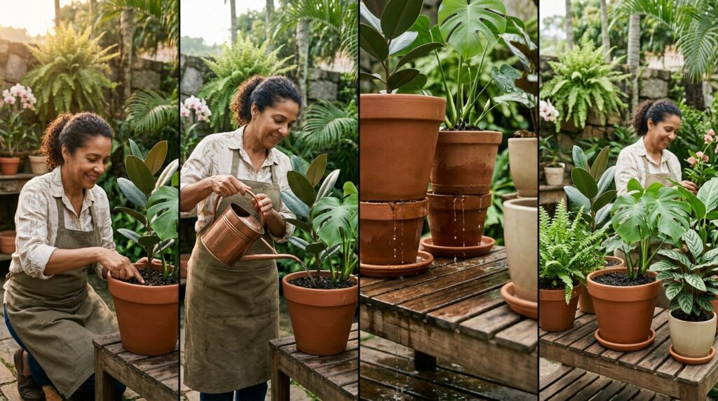 Gotas permanecem sobre folhas de plantas durante uma noite úmida.