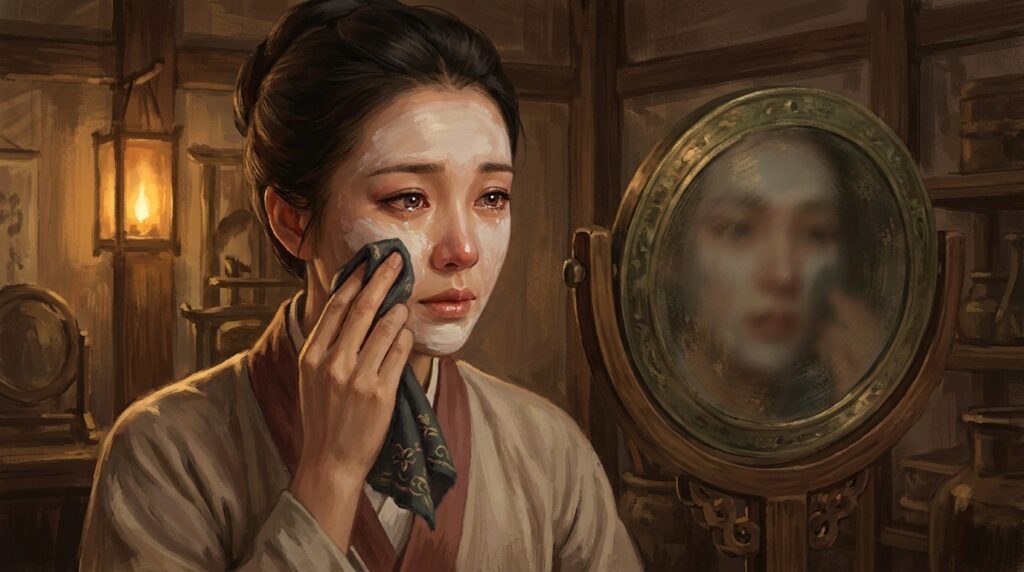 Ilustração em plano médio de Hua Mulan removendo a maquiagem cerimonial diante de um espelho de bronze com expressão firme