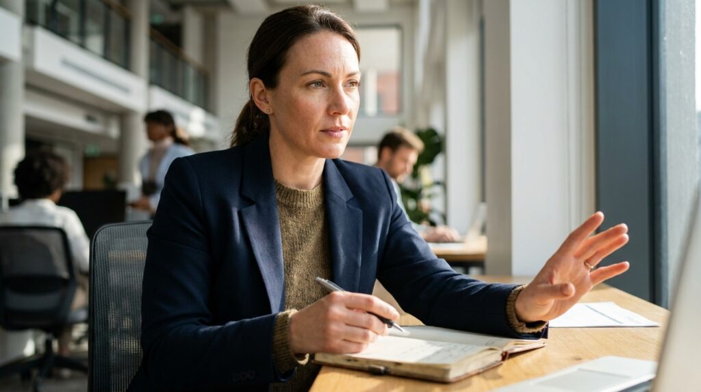 Mulher com postura assertiva sentada diante de uma mesa de trabalho iluminada pelo sol, organizando decisões e limites profissionais