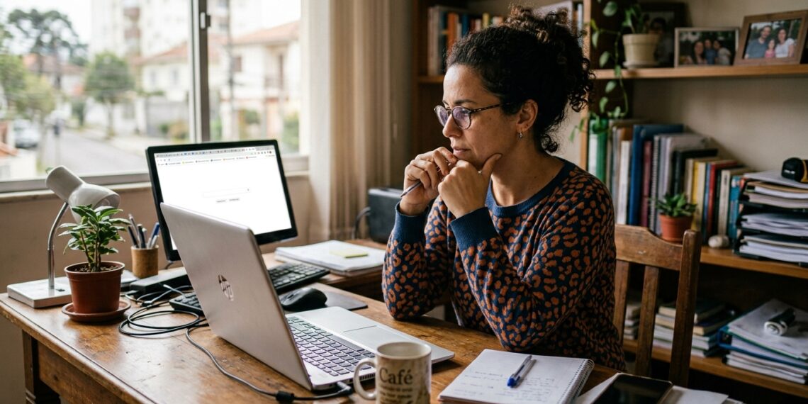 Mulher hesita antes de fechar uma das várias abas abertas no computador.