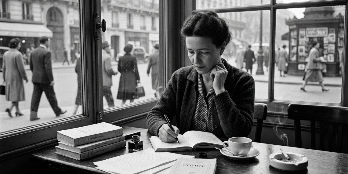 Representação de Simone de Beauvoir escrevendo em um café de Paris em meados do século 20.