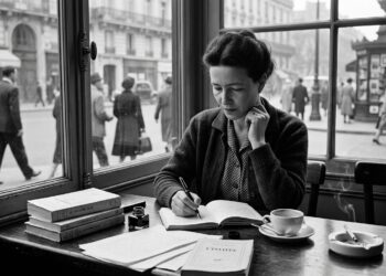 Representação de Simone de Beauvoir escrevendo em um café de Paris em meados do século 20.