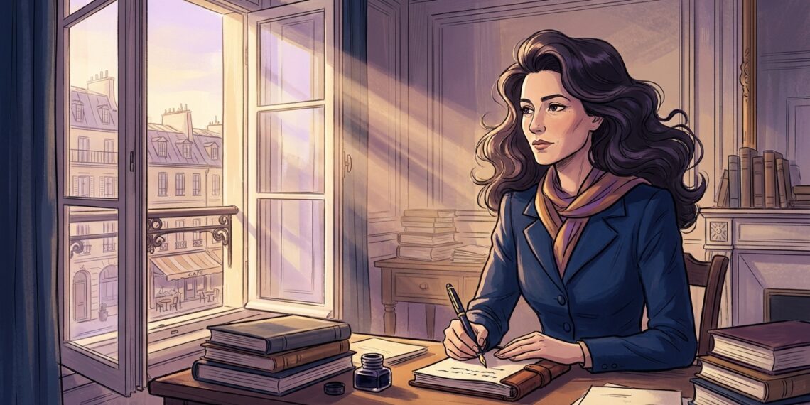 Ilustração estilizada de Simone de Beauvoir sentada à mesa de trabalho com caderno e caneta, olhando em direção à luz de uma janela.