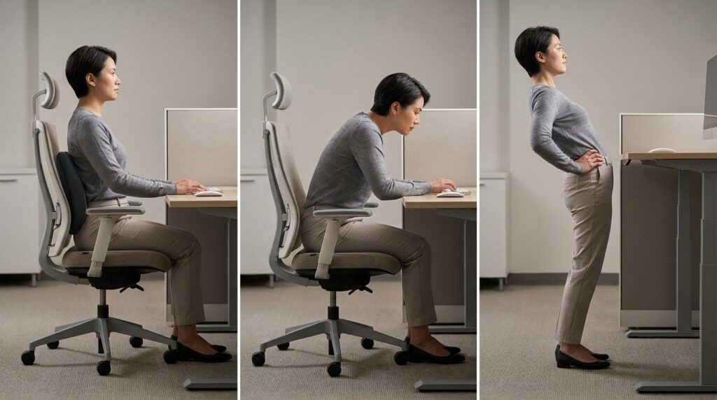 Sequência em três painéis mostrando postura alinhada, colapso postural ao sentar e pausa ativa com extensão do tronco