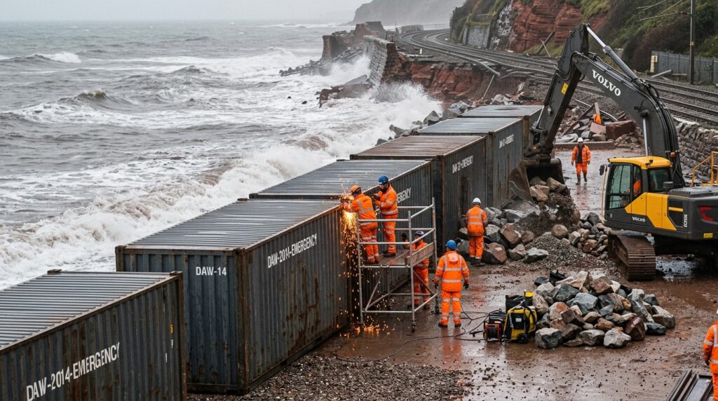 Trabalhadores montam uma barreira de contêineres diante da ferrovia danificada de Dawlish.