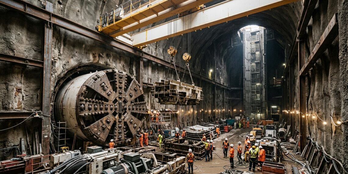 Engenheiros montam uma enorme tuneladora dentro de uma galeria subterrânea em Londres.