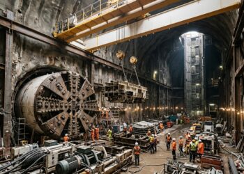Engenheiros montam uma enorme tuneladora dentro de uma galeria subterrânea em Londres.