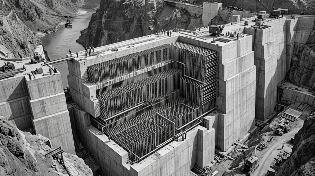 Corte da Hoover Dam revela a extensa rede de tubos instalada dentro dos blocos de concreto para resfriamento.