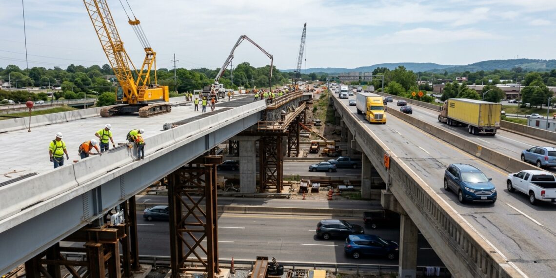 Nova ponte é construída sobre apoios provisórios ao lado da estrutura que permanece aberta ao tráfego.