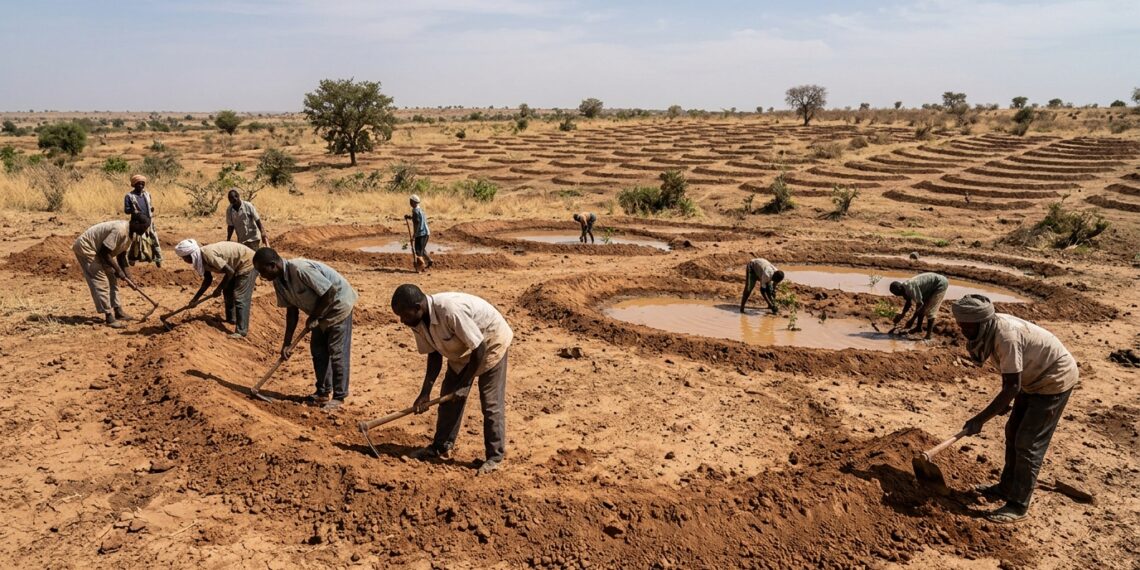 Trabalhadores constroem microbacias semicirculares para reter água da chuva em solo degradado do Sahel.
