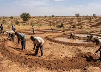 Trabalhadores constroem microbacias semicirculares para reter água da chuva em solo degradado do Sahel.