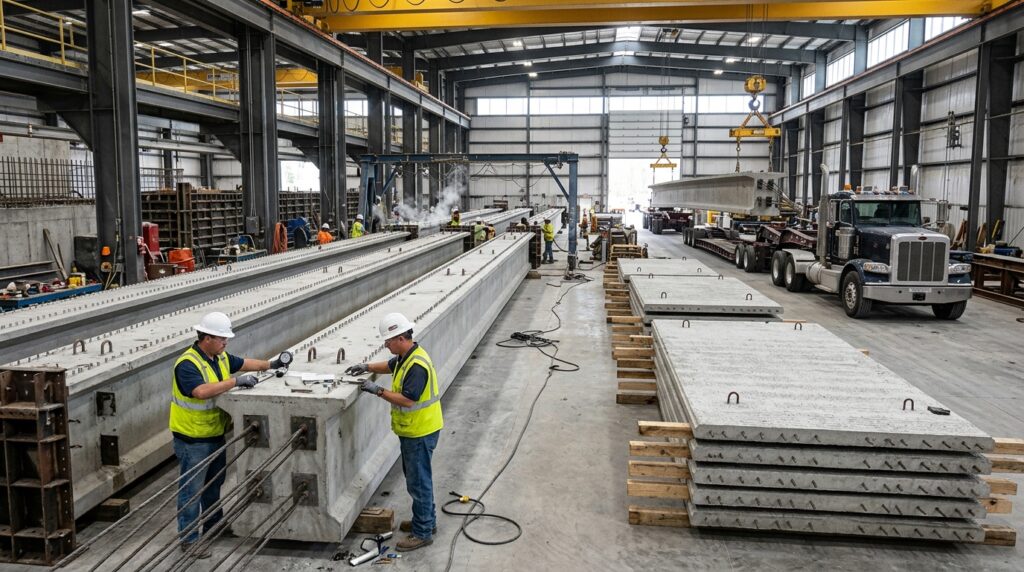 Vigas e lajes pré-fabricadas de uma ponte são produzidas antes da interdição da rodovia.